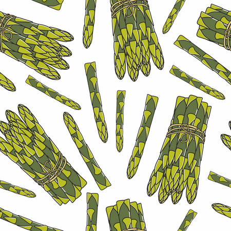 Asparagus seamless pattern. Hand drawn background. Vector illustration. Asparagus vegetable hand drawn backdropのイラスト素材