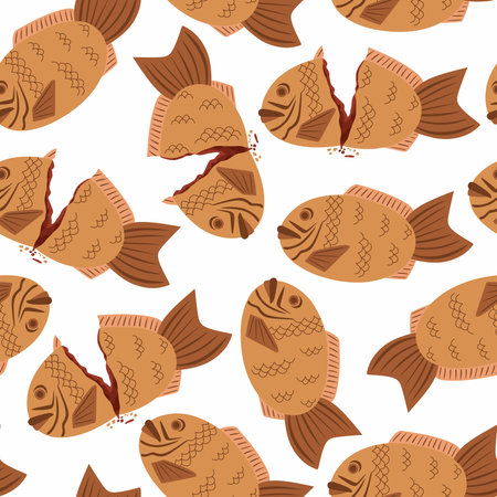 Japanese dessert fish-shaped Taiyaki seamless pattern. Concept of traditional street food in Japan, delicious foodのイラスト素材