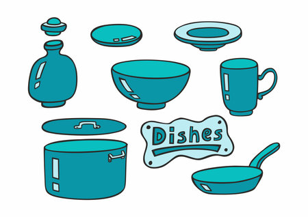 Doodle dishes vector set. Kitchen equipment and objects for cooking. Hand drawn style. Blue colors. Colorful collection.のイラスト素材