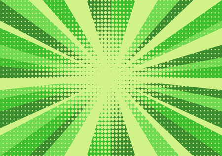 Sun rays retro vintage style on green background, Comic pattern with starburst and halftone. Cartoon retro sunburstのイラスト素材