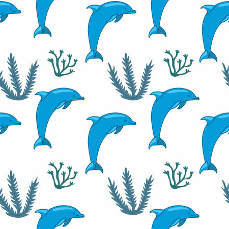 Cute seamless pattern with dolphins and seaweeds. White background, sea animals in flat style, cartoon wildlife.のイラスト素材