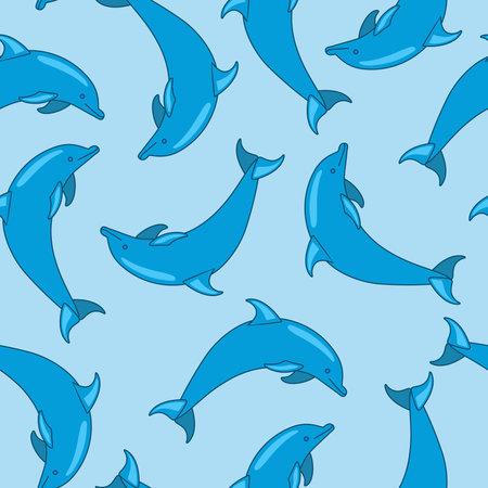 Vector seamless pattern with cute dolphin on blue background. Hand drawn ocean animal. Cartoon character.のイラスト素材