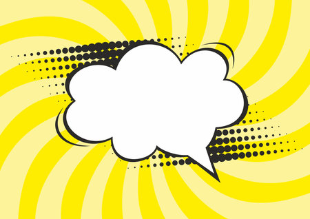 Pop art style. Retro vector illustration icon with pop bubble on yellow background. Speak cloud. Wavy rays.のイラスト素材