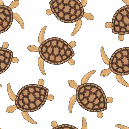 Turtle brown seamless pattern, beautiful character. Underwater, marine wild turtles isolated on white.のイラスト素材