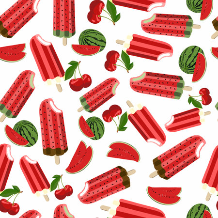 Seamless pattern ice cream watermelon with seeds and cherry flavor on a white background. Vector illustrationのイラスト素材