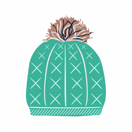 Green wool hat with pompon in flat style vector illustration.