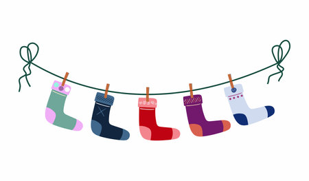 a set of childrens socks are dried on a rope. flat vector illustration isolated on white background