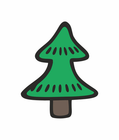 Vector illustration in doodle style. Christmas fir tree. New Year, Merry Christmas. Inscription for postcard, invitation, poster, bannerのイラスト素材