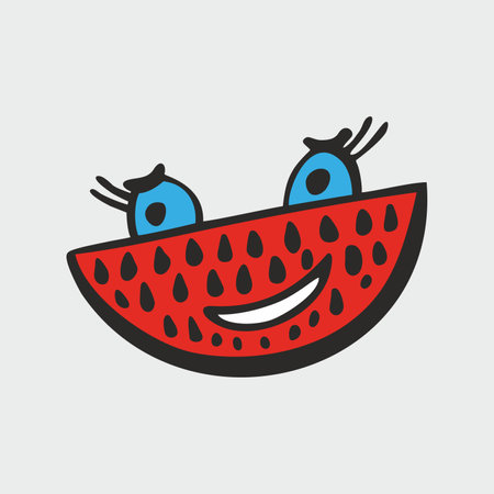 Cute watermelon fruit vector, Fruit with face, Happy watermelon vector, Summer fruit with eyes, Kids funny illustration. Doodleのイラスト素材