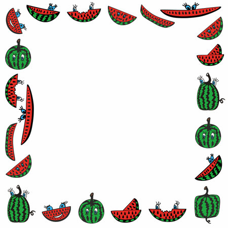 Vector cartoon style greeting card, square frame illustration with doodle style watermelons.のイラスト素材