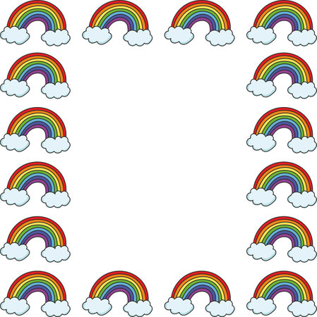 Rainbow with sky frame background on white. Pure vibrant colors. Empty spaceのイラスト素材