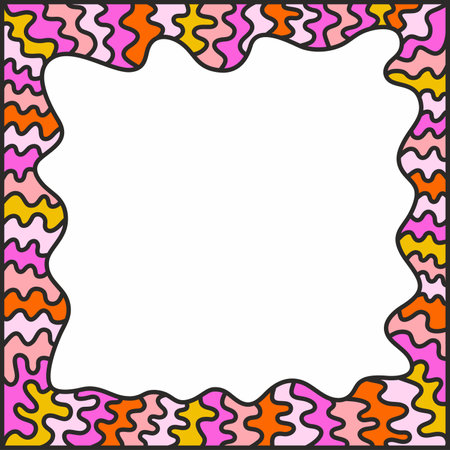 Bold black and colorful wavy lines forming a square frame. Decorative and snake-like border, made by a lot of lines. Isolated colorful illustration, on white background. Vector. Empty space for text.のイラスト素材