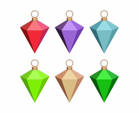 Christmas balls set or collection. Six balls. Triangle abstract shape. Realistic decorations. Vector illustration. Red, violet, blue and green and beige colors. Isolated on whiteのイラスト素材