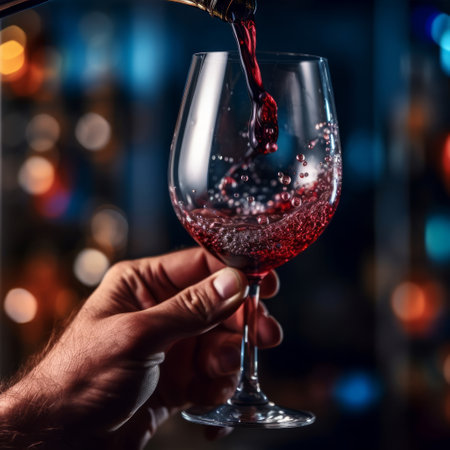 Close up of man hand holding glass of red wine. Wine is poured into a glass. Generated AIの素材