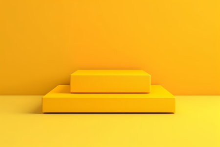 Display, advertising, product placement or exhibition concept with empty display stands on yellow floor against a yellow wall with copy space. Podium or stage. Stairs. Generated AIの素材