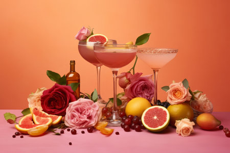Three cocktails, one bottle, fruits and flowers. Still life. Pink table. Generated AIの素材