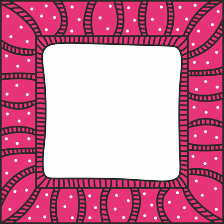 Decorative pink mosaic frame. Wavy square shape frame. Black lines. Empty space for text or picture. White dots.のイラスト素材