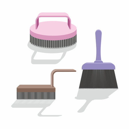 Violet brush, pink round brush, brown brush with handle for clothes and shoes or paint brush isolated on a white background. Broom for sweeping. Set or collection. Brushes with shadowsのイラスト素材