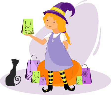 Illustration of a beautiful witch with gifts and a black cat on a holiday halloween near a pumpkinのイラスト素材