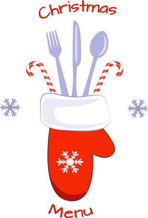 Christmas menu red mitten with vylka, spoon and knifeのイラスト素材