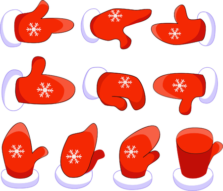 set of winter mittens in different positionsのイラスト素材