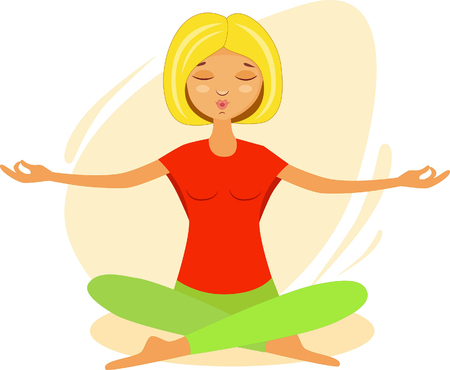 girl meditates in the lotus position by doing yoga exercisesのイラスト素材