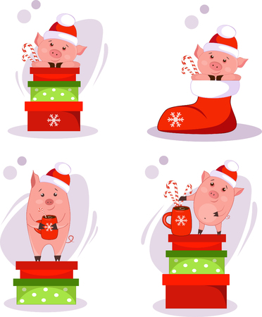 set of christmas pigs with christmas giftsのイラスト素材