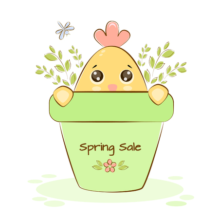 Vector illustration of a chicken on spring sale in a flower pot with green sprigs and dragonflyのイラスト素材