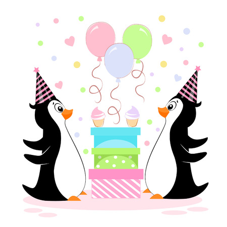 A vector illustration of a pair of penguins with birthday gifts in festive caps with balloonsのイラスト素材