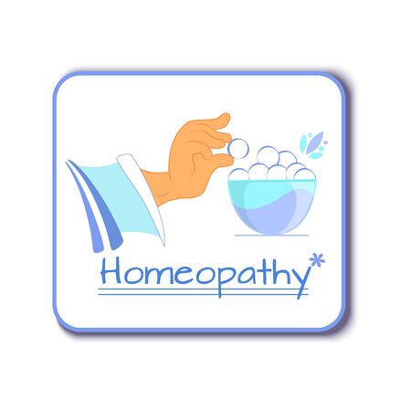 Vector illustration of homeopathy, hand puts homeopathic granule in the bowl with homeopathic preparationsのイラスト素材