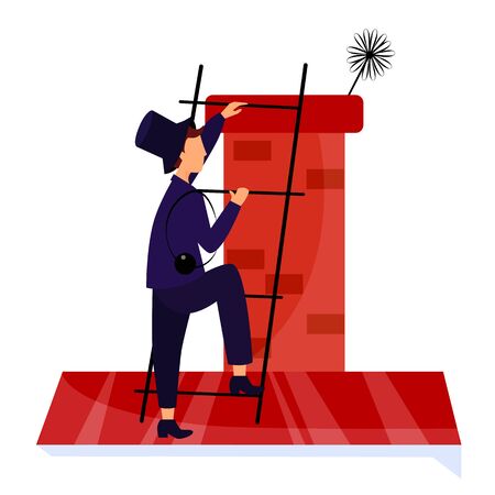 Vector illustration chimney sweep on the stairs roof cleans chimneyのイラスト素材