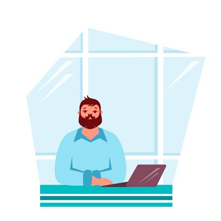 Vector illustration of an office worker at a table with a laptopのイラスト素材