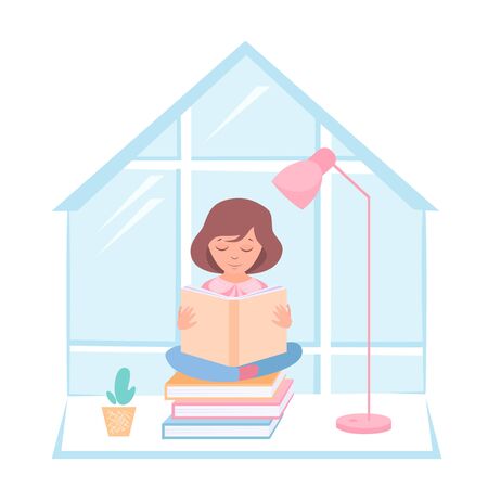 Stock vector illustration of a girl at home reading a book under the lampのイラスト素材