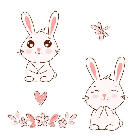 Two rabbits in kawaii style with a bouquet of flowers, a dragonfly and a heart, for the design of children's textiles and cardsのイラスト素材