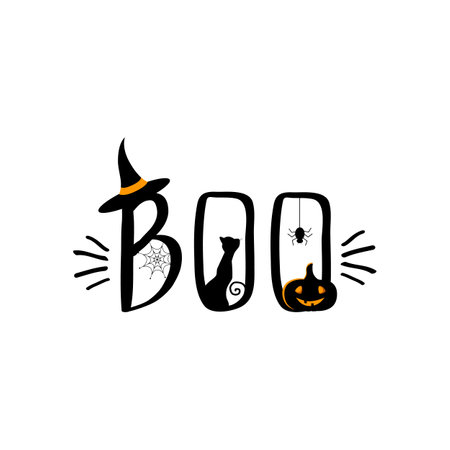 Halloween lettering "Boo" with black cat and magic hat. Vector illustration for design for the holiday Halloweenのイラスト素材