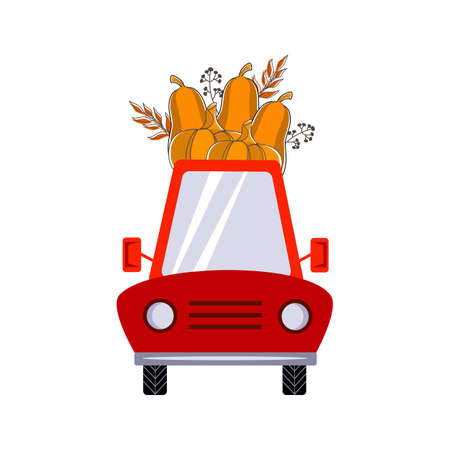 Red Car loaded with pumpkins. Vector illustration for Thanksgiving Day, Autumn Holidays and Harvest Dayのイラスト素材