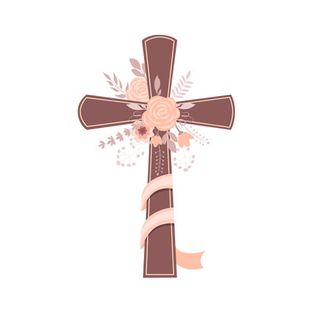 Cross with roses. Religious symbol of Easter. Easter Sunday poster design elements for postcard, congratulations.のイラスト素材