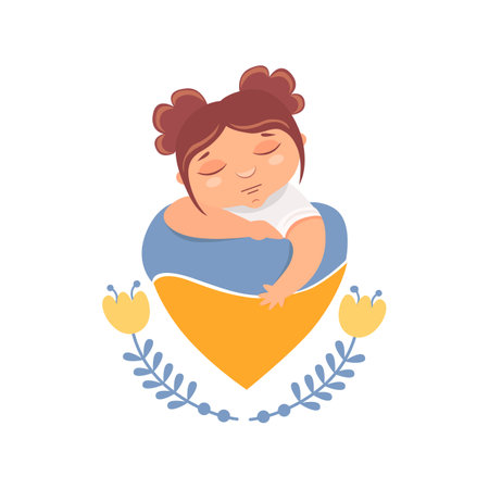 A girl with the heart of Ukrian. Pray for Ukraine. Vector illustration on the theme Stop the war in Ukraineのイラスト素材