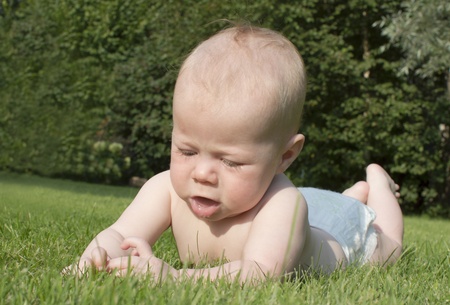 The baby lies on a grass and attentively studies it の写真素材