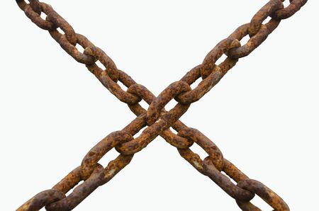 Crossed rusty chain. On white backgroundの写真素材