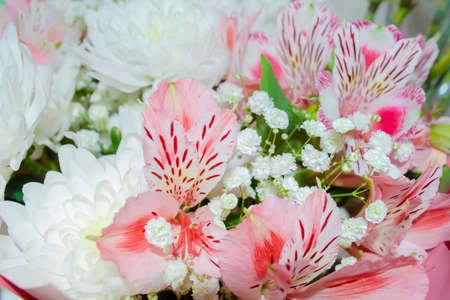 Bouquet of pink alstroemeria, white gypsophila, white chrysanthemum and green leaves and budsの写真素材