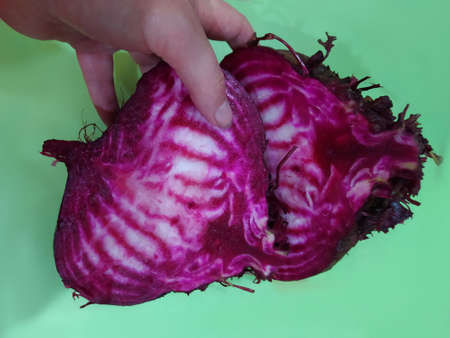 Beet cut pink with white stripes. Mistakes in growing beetsの写真素材