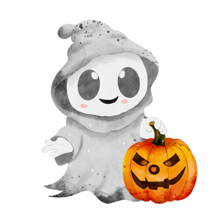 Watercolor friendly ghost decoration with eyes and a smile, holding a candy pumpkin in his hands on a plain white background. Hand drawn in a cute cartoon style. For design, cardsの写真素材