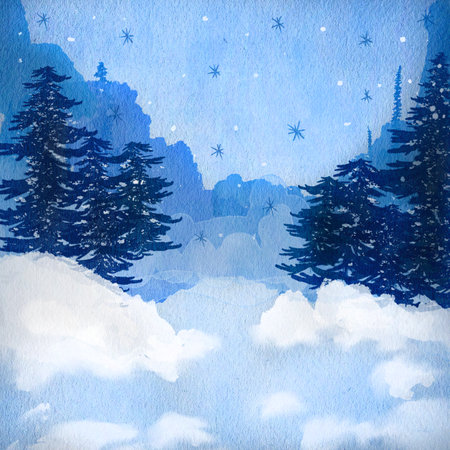 Winter night landscape with fir trees, snow, snowflakes and stars. Forest in the fog. Hand drawn watercolor illustration. For printing posters, cards, scenesの写真素材