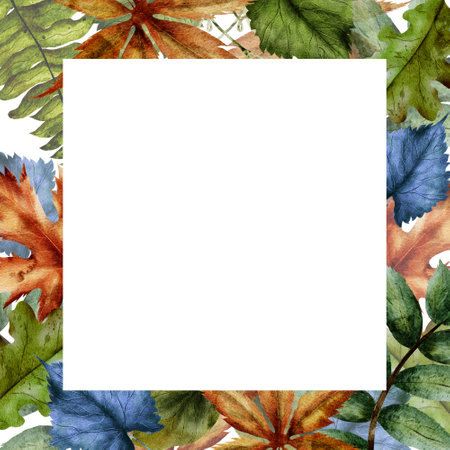 Square watercolor frame with tree leaves. Linden, oak, aspen, fern. Space saved for text. Illustration on a white background in a realistic style. For printing invitations, cards, flyers.の写真素材