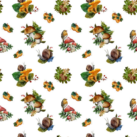 Seamless pattern. Watercolor hand drawn illustration with mushrooms, snails, rowan, tree leaves, pumpkin. White background. For printing on fabrics, t-shirts, tablecloths, scrapbooking, backgroundsの写真素材