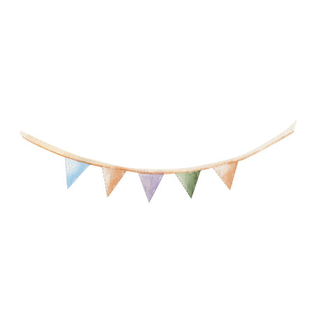 Garland. Watercolor, colorful party garland with triangular and rectangular flags. Multicolored. Hand drawn, isolated on a white background. For holiday decorations, designs, greeting cards.の写真素材