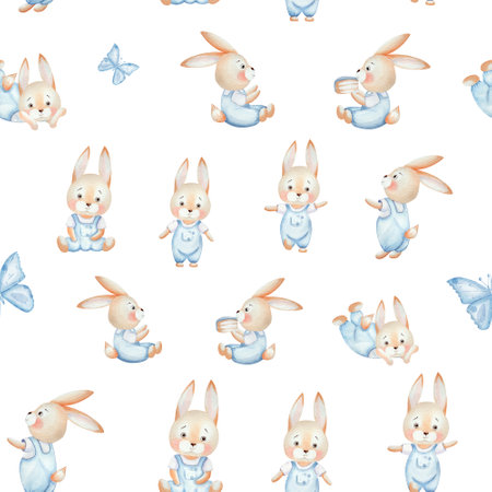 Seamless pattern. Happy baby bunny in blue overalls and bow tie. Watercolor illustration, isolated on a white background. Hand drawn. For childrens birthday, Easter, cards, banners, textilesの写真素材