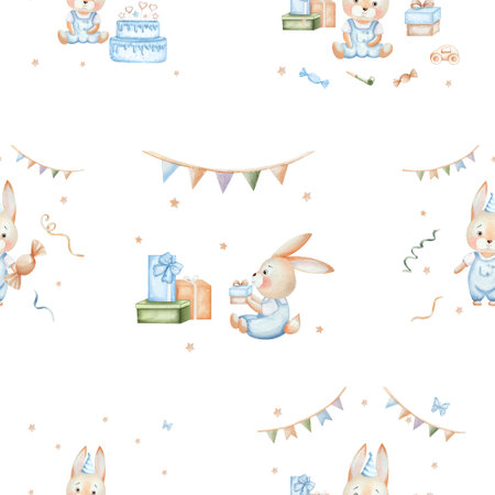 Bunny with a piece of cake, garlands, stars, sweets and gifts. Seamless watercolor pattern, isolated on a white background. For birthday party, invitation design, cards, wrapping paper. Baby showerの写真素材