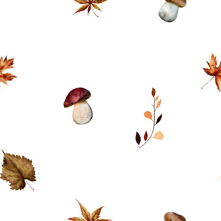 Watercolor seamless pattern with mushrooms, dry tree leaves and gold ornament. Botanical illustration, isolated on white background. For textile, print, tablecloth, invitations, curtainsの写真素材